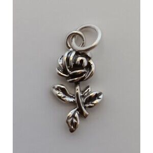 925 Sterling Silver Women's Small Textured Single Stemmed Rose / Flower Pendant